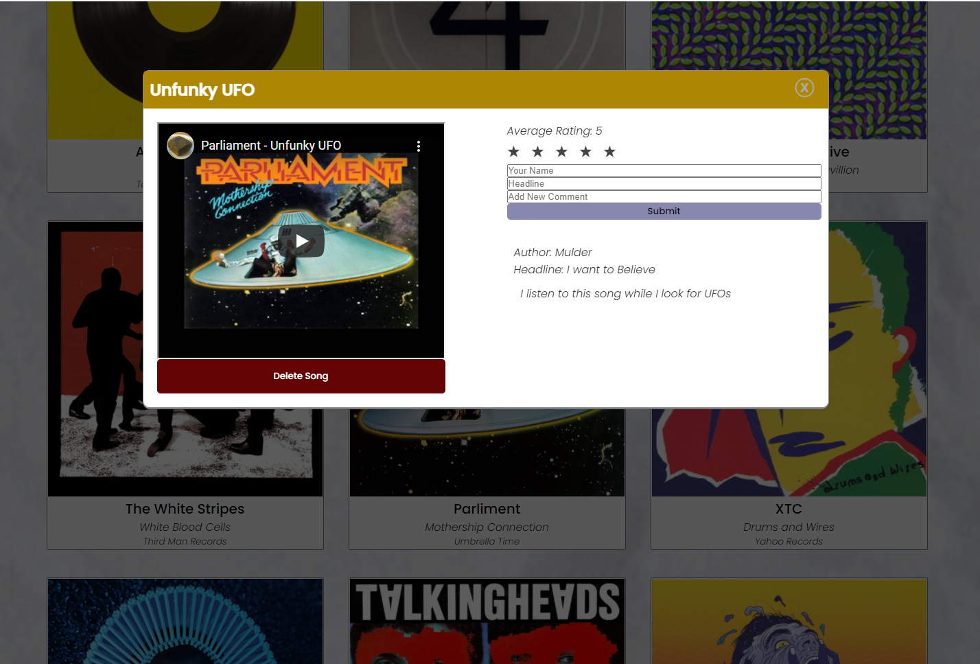 screen shot of a web application that allows users to upload data about theif favorite albums and provide comments and rankings